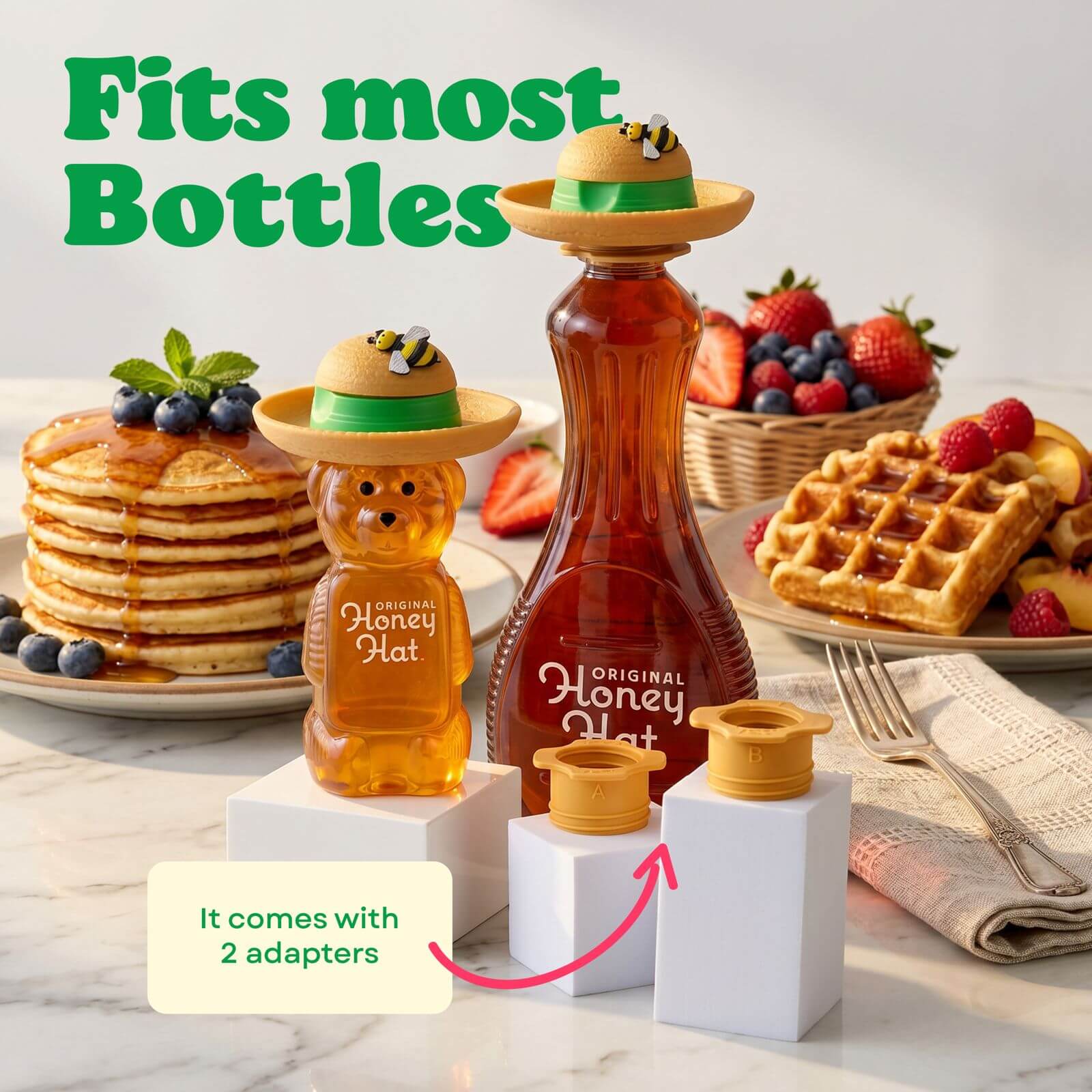 The Original Honey Hat shown on both a honey bear bottle and a standard syrup bottle, with the two included adapters (A and B) alongside.