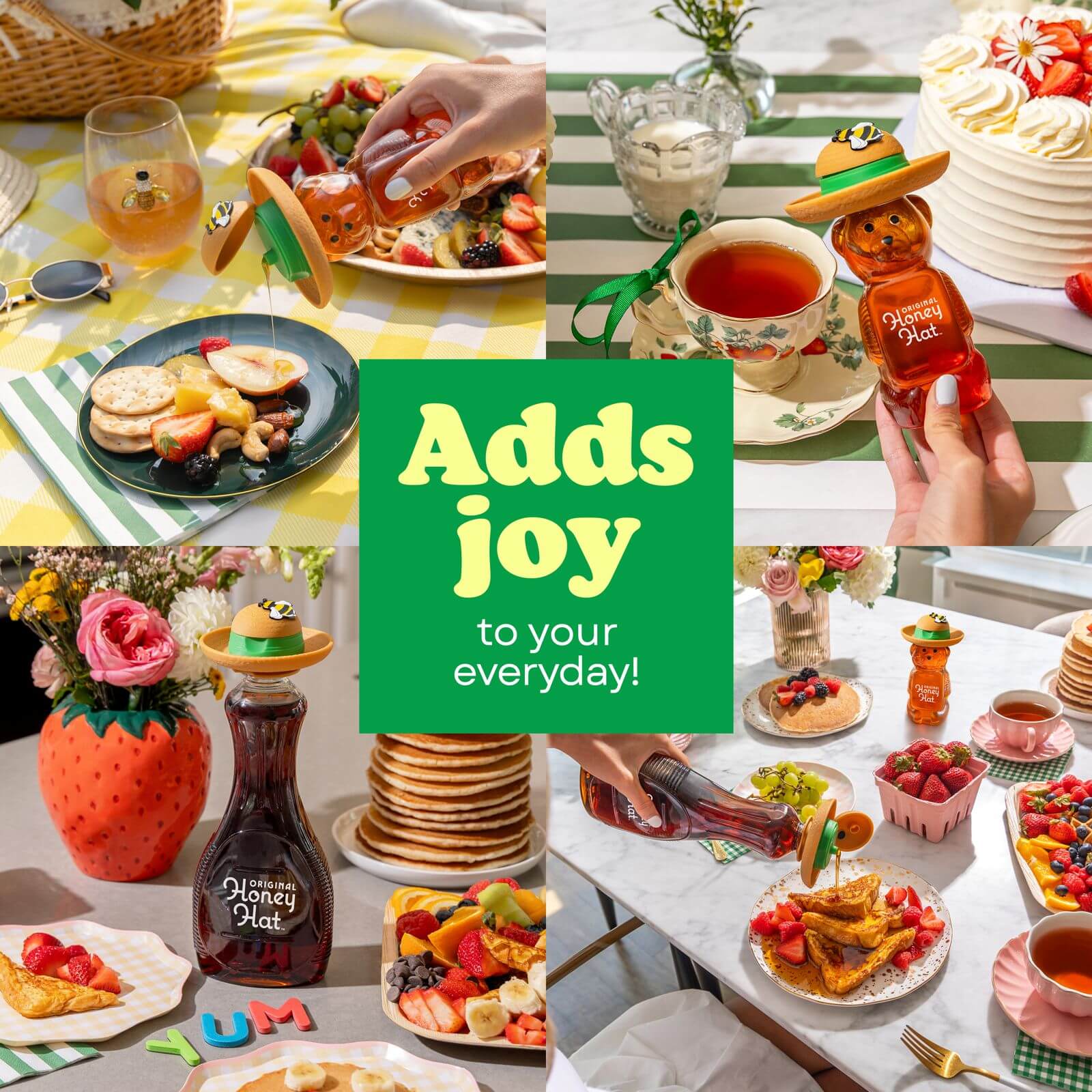 The Original Honey Hat in everyday lifestyle settings: a summer picnic, afternoon tea, a brunch table, and pouring syrup over French toast.