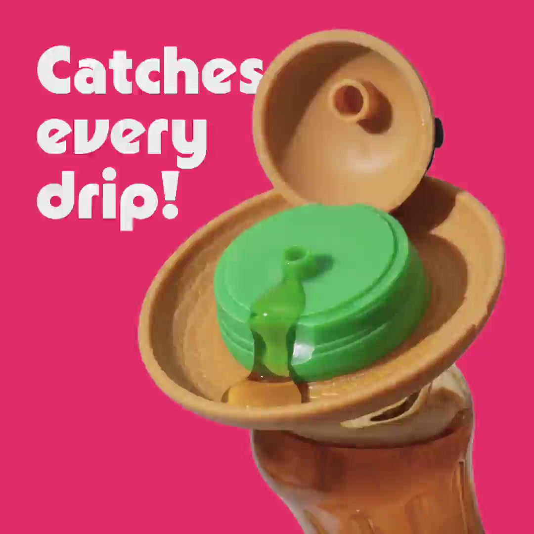 Video demo of the Original Honey Hat being twisted onto a syrup and honey bear bottles and catching a drip in the brim.